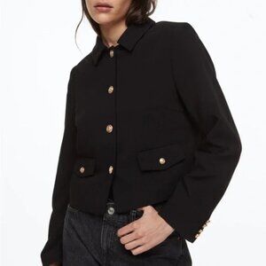 Black cropped blazer with gold buttons